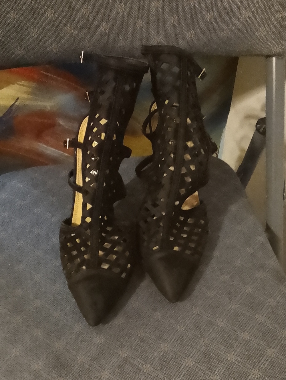Lace-Up Cutout Pointed Toe Heels - Black